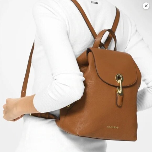 Michael Kors Raven Medium Pebbled Leather Backpack Brown Tan Snap Fastening - Picture 1 of 16